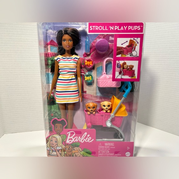 NWT Barbie Stroll & Play Pups Playset with Brunette Doll - Picture 2 of 7